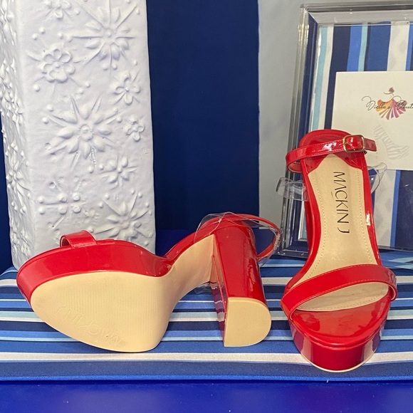 Red patent chunky platform ankle strap high heel sandals Mackin J sz 10 - Picture 2 of 11